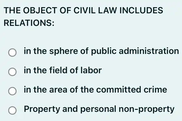 THE OB JECT OF CIV IL LAW INCLU DES
RELATIO NS:
in the sphere of public administration
in the field of labor
in the area of the committed crime
Property and personal non-property