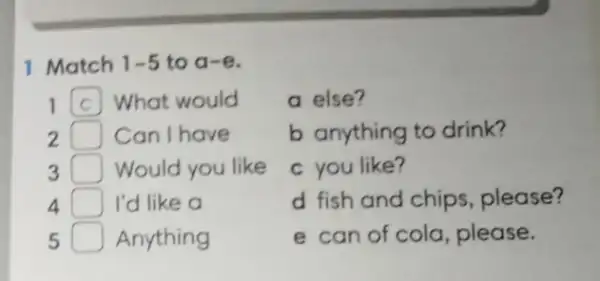 1 Match 1-5 to a-e.
1 c What would a else?
2	Can I have b anything to drink?
3	Would you like c you like?
4 D I'd like a	d fish and chips , please?
5 Anything	e can of cola, please.