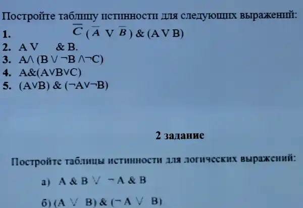 Hocrpoinre Ta6mmy HCTHHHOCTH BbrpaxeHIIII:
1.
overline (C)(overline (A)vee overline (B)) & (AVB)
2. AV
&B.
3 Awedge (Bvee neg Bwedge neg C)
4 A& (Avee Bvee C)
5 (Avee B)& (neg Avee neg B)
23a ranne
Hoctpoifre HCTHHHOCTH .101114CCKIIX
a) A& Bvee -A& B
6) (Acup B)& (neg Avee B)