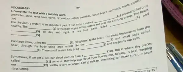 1. Complete the text with a suitable word.
ventricles, otria, veno cava suitable wordtory system, plotelets blood, heart, nutrition (1) around to nutrients, beautiful to keep
us
clot
VOCABULARY
The heard
The circulatory system is an important part of our body-his system
__
healthy. The __ (2) is the main organ
__
(a) and
__ (3) all
and night. It has four parts
__ (5)
small ones called
Two large veins, called the __
(6), bring blood to the heart. The b) an then moves is called
__
(9) an
heart through the body using
vessels like
__
(8). These small vessels help bring
__
(9) and oxygen to our cells
is where tiny
Sometimes, if we get a cut, our blood starts to form a
__
(10)- helping us heal Keeping
called __
(11) come in. They to stop blood
our __
(12) healthy is very y help site. Eating well and wing outs can make sure our
stays strong.