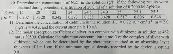 10. Determine the concentration of NaCl in the solution (g/1) , if the following results were
obtained during potentiometri titration of 20.0 ml of a solution of 0.2000 M AgNO_(3)
11. Determine the concentration of cadmium in the solution if D=0.7210^-5cm^2s^-1,m=2.0
mg/s,tau =4.4 s, and the current strength is 10mu A
12. The molar absorption coefficien t of silver in a complex with dithizone in solution at 462
nm is 30500 . Calculate the minimum concentration in mol/1 of the complex of silver with
dithizone, which can be determined by the photometric method at an absorbing layer
thickness of 1=1 cm, if the minimum optical density recorded by the device is equals
0.01