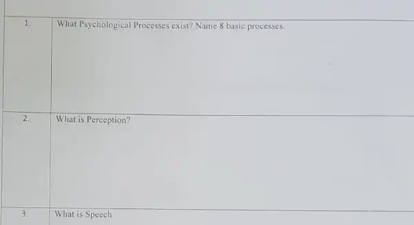 1.
2
3.
What Psychological Processes exist? Name 8 basic processes.
What is Speech