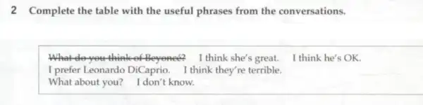 2 Complete the table with the useful phrases from the conversations.
What do you think of I think she's great. I think he's OK.
I prefer Leonardo DiCaprio. I think they're terrible.
What about you? I don't know.