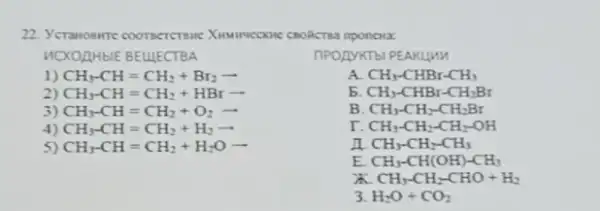 22. Yeranosirre coornercture
WOXOAH bIE BELLECTBA	IPOLYKT bI PEAKUMM
1) CH_(3)-CH=CH_(2)+Br_(2)arrow 
A CH_(3)-CHBr-CH_(3)
2) CH_(3)-CH=CH_(2)+HBrarrow 
5 CH_(3)-CHBr-CH_(2)Br
3) CH_(3)-CH=CH_(2)+O_(2)arrow 
B CH_(3)-CH_(2)-CH_(2)Br
4) CH_(3)-CH=CH_(2)+H_(2)arrow 
r CH_(3)-CH_(2)-CH_(2)-OH
5) CH_(3)-CH=CH_(2)+H_(2)Oarrow 
a CH_(3)-CH_(2)-CH_(3)
E CH_(3)-CH(OH)-CH_(3)
CH_(3)-CH_(2)-CHO+H_(2)
3. H_(2)O+CO_(2)