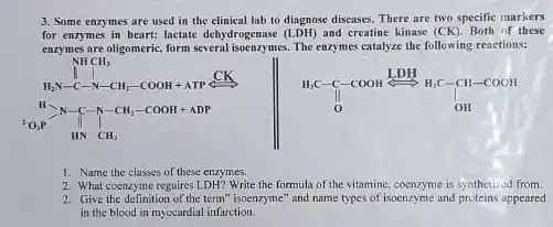 3. Some enzymes are used in the clinical lab to diagnose diseases.There are two specific markers
for enzymes in heart:lactute debydrogenase (LDH) and creating kinase (CK). Both of these
enzymes are oligomeric, form several isoenzymes. The enzymes catalyze the following reactions:
(N_(2)N-CO_(3))/(H_(2)N)-CON_(2) H_(2)gt N-C-N-CH_(2)-COOH+ADP therefore O_(2)
H_(3)C-COOHxrightarrow (LDH)C-CH-COOH
1. Name the classes of these enzymes.
2. What coenzyme reguires LDH? Write the formula of the vitamine; coenzyme is synthetized from.
2. Give the definition of the term" isoenzyme" and name types of isoenzyme and proteins appeared
in the blood in myocardial infurction.