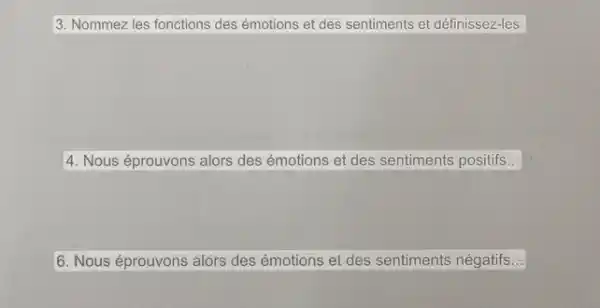 3. Nommez les fonctions des émotions et des sentiments et définissez-les.
4. Nous éprouvons alors des émotions et des sentiments positifs __
6. Nous éprouvons alors des émotions et des sentiments négatifs...