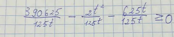 (390625)/(125 t)-(2 t^2)/(125 t)-(625 t)/(125 t) geq 0