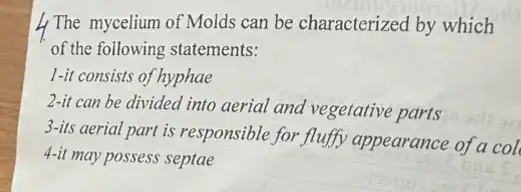 4 The mycelium of Molds can be characterized by which
of the following statements:
1-it consists of hyphae
2-it can be divided into aerial and vegetative parts
3-its aerial part is responsible for fluffy appearance of a col
4-it may possess septae