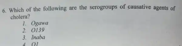 6. Which of the following are the serogroups of causative agents of
cholera?
1. Ogawa
2. 0139
3. Inaba
401