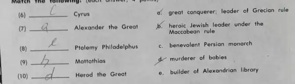 (6)
__
Cyrus
(7) __ Alexander the Great
(8)
__
Ptolemy Philadelphus
(9)
__ Mattathias
(10)
__ Herod the Great
d. great conquerer; leader of Grecian rule
b. heroic Jewish leader under the
Maccabean rule
c. benevolent Persian monarch
d. murderer of babies
e. builder of Alexandrian library