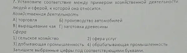 7. YcraHoBMTe coorBercrBMe Mexkay npuMepoM XO3ANCTBeHHOW RestenbHOCTM
nronen u cpepon,k KOTOpOX OHà OTHOCHTCR.
Xo3AücmseHHaA DenmenbHocmb
A) ToproBna
5) npov380,ACTEO a8TOMO6 wnei
B) BbipaulubaHue yan f) 3aroroBka gpeBechHb
Cabepa
1) cenbckoe X039MCTBO
2) cpepa ycnyr
3) Ao6blBaroujaq npombiluneHHOCTb 4)o6pa6aTbiBaloujan npombiuneHHOCTb
3annuure Bbi6pa+Hble unppo noa coorsercreyloulumn 6ykBaMn.