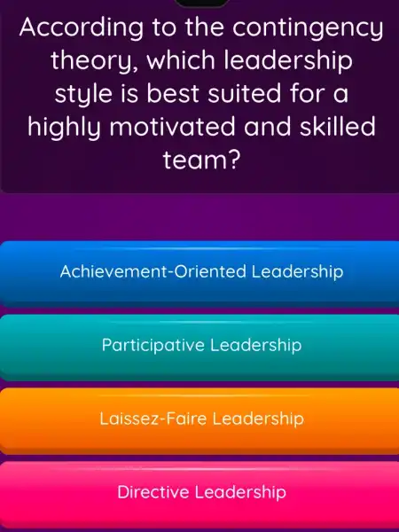 ACCO rding to the contingency
theo ry, which lea dership
style is best suited for
highly m otiva ted and skilled
team ?
Achievement -Oriented Leadership
Participative Leadership
Laissez-F aire Leadership
Directive Leadership