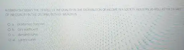 A:GRAPH SHOWING THEE DEGREE OF INEQUALITY IN THE DISTRIBUTION OF INCOMEINA SOCIETY INDUSTRY; AS WELLASTHEE DEGREE
OF INEQUALITY IN THE DISTRIBUTIONO WEALTH IS
a. production function
b. Gini coefficlent
c. demand durve
D d Lorenz curve