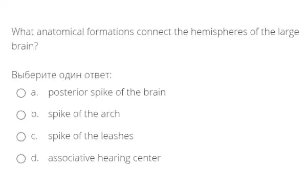 What anatomical formations connect the hemispheres of the large
brain?
Bbl6epuTe oạMH OTBer:
a. posterior spike of the brain
b. spike of the arch
c. spike of the leashes
d. associative hearing center