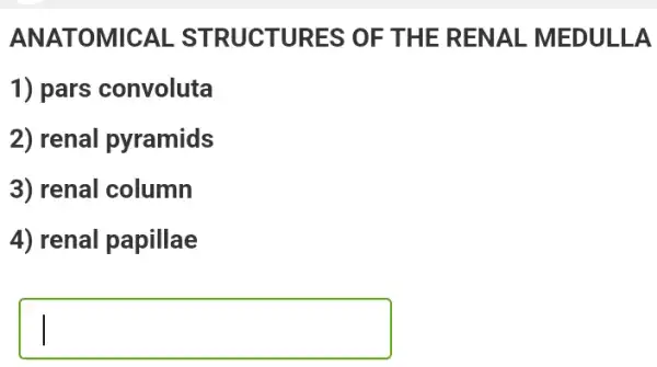 ANATOMICAL STRUCTURES OF THE RENAL . MEDULLA
1) pars convoluta
2) renal pyramids
3) renal column
4) renal papillae
square