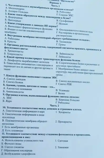 Bapuairt 1
"lactib 1
1. Hro ornocurben K opranomian kneriku?
A. MHTOXOHAPHH
B. Pu6ocombl
b. Annapar TonbrikH
I. Lnazikas 9IIC
2. Kakne CB93M 06pa3yiorcs Mexiny MonomepamH B besike?
A. BorloporiHble
b. HerrrHzHble
T. HoHHble
3. Kakoe yTBepxzzenme o JIMIHIRIax HE BepHoe?
A. BbinojiHsilor (pepMeHTaTHBHY10 dyHKLIHIO
B. OrikranbiBarorica B nonocrt resia
b. Bxozar B cocraB TUIa3MaTH4eCKOZ
MeM6paHbl
T. PacTBOpHMbI B opraHH4eCKHX
4. Buyrpenusas Mem6pana Muroxounpuii o6pasyer
A. PH60COMbI
T. TpaHbI
b. KpHCTbl
5. Opranown pacturentionoi IIHIMeHTbl KpacHoro.opanzeBoro H
QHOMeTOBOTO UBeTa:
A. XpoMorunacTbl
B. JIeñKonnacTb
b. Xnoponnactbl
T. JIeñKOLIHTbI
6. Kakoi npumep H.I.MOCT pHpyeT Tpancnoprnyro dymkumo 6eJIKOB:
A. JIMMQOLIHTb Bbipa6aTblBalor aHTHTena
B. CoxpartrrejibHble beliku B pecHH4KaX H
XIYTHKaX ripocreñiuHK
b. Temorro6HH CB43bIBACTCR C KHCJIOpOZIOM H
nepeHOCHT ero H3 nerKHK B Apyrue opraHbl H
TKaHH
I. Mem6paHHble 6e,IKH MeHAIOT CBOHO
CTPYKTypy nor reǎcrBMeM Qakropa BHeIIIHeñ
cpenbl
7. Kakyro doyrkuHIO Bblloomser mankas 3IIC
B. Curre3 HYKTeHHOBbIK KHCJIOT
T. CHHTe3 PHK
A. CHHTe3 JIHIIHIOB
b. CHHTe3 6eJIKOB
8. AzeHHH, ryaHHH , HKTO3HHH H THMHH - 370...
__
A. A3OTHCTBIe OCHOBAHNA
T. bejikH
b. AMHHOKHCJOTBI
9. OpranoHI KJIeTKH CHHTe3a JIH3OCOM:
B. KoMrunekc To,IbJIKH
A. 3IIC
T. PH6OCOMbI
b. Stripo
YacTb 2
10. YcraHOBHTe COOTBeTCTBHe MexAy HOMeHOM H CTPOCHHEM KJIETKH.
A. TeHeTHYecKas
1. 3ykapHOTbl
b. TeHeTH4ecKas B BHAR
HYKJIeoH/la
2. IIpokapHOTbl
B. IIna3MaTHYeCKas MeM6paHa o6pa3yer
Me30COMbI
I. EcTb MeMópaHHble opraHOH)(bI
11. VcraHOBHT coorBercTBHe Mexay Crammanm (porocnuresa II npoueccaMH,
nponcxozamunma B HHX:
A. HcrioJIb30BaHHe yrnekHC,IOTO ra3a
1. CBeTOBas
b. (DOTOJIH3 BOJIbI
2. TemHoBas
B. CHHTe3 THIOKO3bl
I
II. Bo36yxxpeHHe