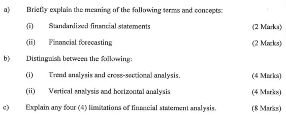 Briefly explain the meaning of the following terms and concepts:
(i) Standardized financial statements
(2 Marks)
(ii) Financial forecasting
(2 Marks)
Distinguish between the following:
(i) Trend analysis and cross-sectional analysis.
(4 Marks)
(ii) Vertical analysis and horizontal analysis
(4 Marks)
Explain any four (4)limitations of financial statement analysis.
(8 Marks)