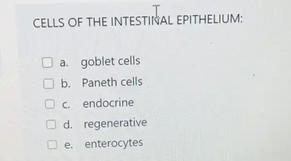 CELLS OF THE INTESTINAL EPITHELIUM:
D a. goblet cells
b. Paneth cells
D C endocrine
d regenerative
e. enterocytes