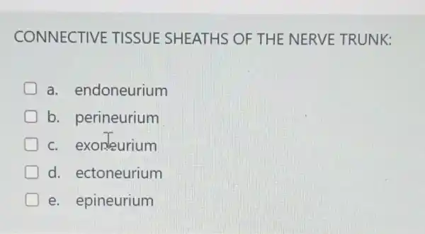 CONNECTIVE TISSUE SHEATHS OF THE NERVE TRUNK:
a. endoneurium
b . perineurium
C exoneurium
d ectoneurium
e epineurium