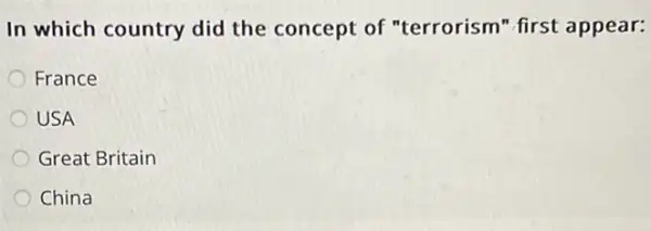 In which country did the concept of "terrorism" first appear:
France
USA
Great Britain
China