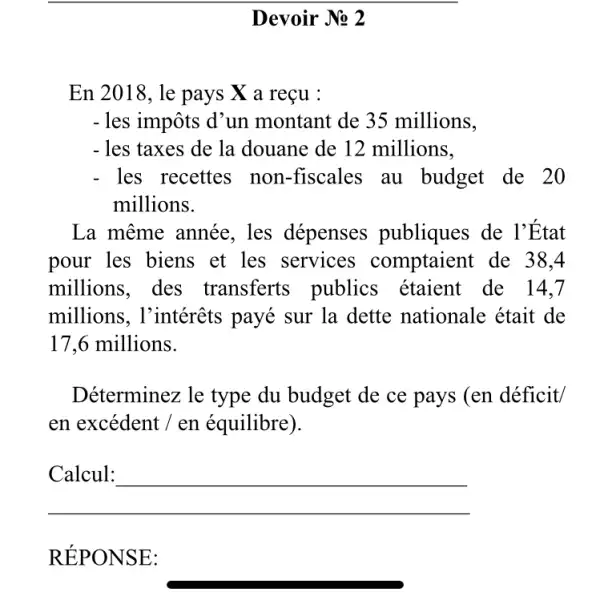 Devoir No 2
En 2018, le pays X a reçu :
- les impôts d'un montant de 35 millions,
- les taxes de la douane de 12 millions,
- les recettes non -fiscales au budget de 20
millions.
La même année , les dépenses publiques de 1'État
pour les biens et les services comptaient de 38 . 4
millions, des transferts publics étaient de 14,7
millions, l'intérêts payé sur la dette nationale était de
17,6 millions.
Déterminez le type du budget de ce pays (en déficit/
en excédent / en équilibre).
__
REPON SE: