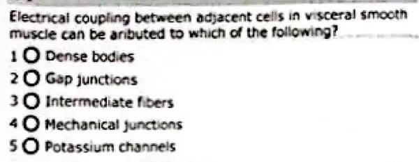 Electrical coupling between adjacent cells in vsceral smooth
muscle can be aributed to which of the following?
Dense bodes
Gap junctions
Intermediate libers
Mechanical junctions
Potassium channels