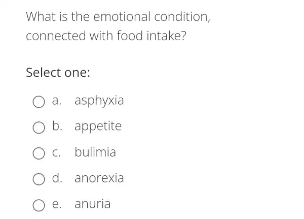 What is the emotional condition,
connected with food intake?
Select one:
a. asphyxia
b. appetite
c. bulimia
d. anorexia
e. anuria