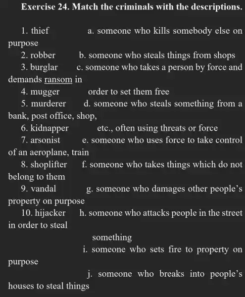 Exercise 24 . Match the criminals with the descriptions.
1. thief	a. someone who kills somebody else on
purpose
2. robber	b. someone who steals things from shops
3. burglar c. someone who takes a person by force and
demands ransom in
4. mugger	order to set them free
5. murderer d. someone who steals something from a
bank, post office, shop.
6. kidnapper	etc., often using threats or force
7. arsonist	e. someone who uses force to take control
of an aeroplane , train
8. shoplifter f. someone who takes things which do not
belong to them
9. vandal	g. someone who damages other people's
property on purpose
10. hijacker h. someone who attacks people in the street
i. someone who sets fire to property on
purpose
. someone who breaks into people's
houses to steal things