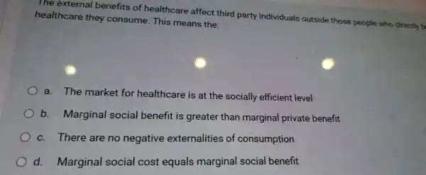 The external benefits of healthcare affect third party individuals outside those people who directly b healthcare they consume . This means the
) a . The market for healthcare is at the socially efficient level
b . Marginal social benefit is greater than marginal private benefit
C . There are no negative externalities of consumption
d.Marginal social cost equals marginal social benefit