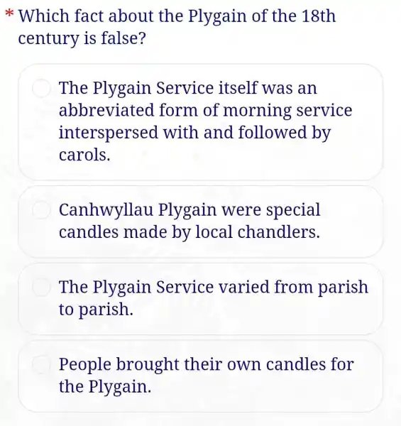 Which fact about the Plygain of the 18th
century is false?
The Plygain Service itself was an
abbreviat ed form of morning service
interspersed with and followed by
carols.
Canhwyllau Plygain were special
candles made by local chandlers.
The Plygain Service varied from parish
to parish.
People brought their own candles for