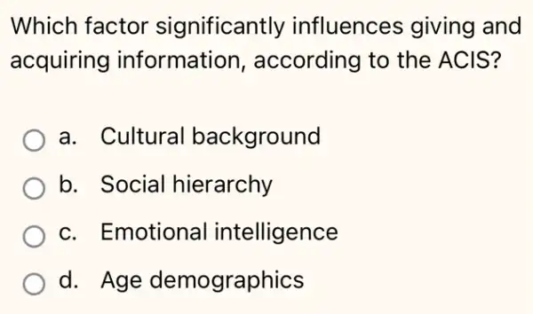 Which factor significantly influences giving and
acquiring information , according to the ACIS?
a. Cultural background
b. Social hierarchy
c. Emotional intelligence
d. Age demographics