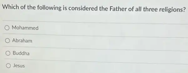 Which of the following is considered the Father of all three religions?
Mohammed
Abraham
Buddha
Jesus