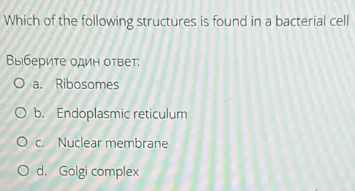 Which of the following structures is found in a bacterial cell
Bbi6epute oAMH OTBer:
a. Ribosomes
b. Endoplasmic reticulum
c. Nuclear membrane
d. Golgi complex