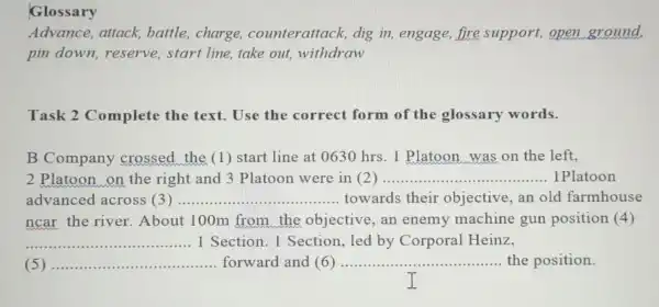 Glossary
Advance,attack, battle,charge,counterattach , dig in, engage fire support open ground,
pin down,reserve, start line,take out,withdraw
Task 2 Complete the text. Use the correct form of the glossary words.
B Company crossed the (1) start line at 0630 hrs. 1 Platoon was on the left,
2 Platoon on the right and 3 Platoon were in (2)........... __ 1 Platoon
advanced across (3) __ towards their objective, an old farmhouse
ncar the river. About 100m from the objective an enemy machine gun position (4)
__ 1 Section 1 Section, led by Corporal Heinz,
(5) __ forward and (6) __ ...................... the position.