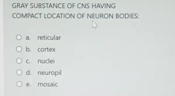 GRAY SUBSTANCE OF CNS HAVING
COMPACT LOCATION OF NEURON BODIES:
a. reticular
b. cortex
c. nuclei
d. neuropil
e. mosaic