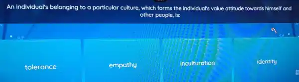 An individual's belonging to a particular culture, which forms the individual's value attitude towards himself anc other people, is:
tolerance
empathy
inculturation
identity