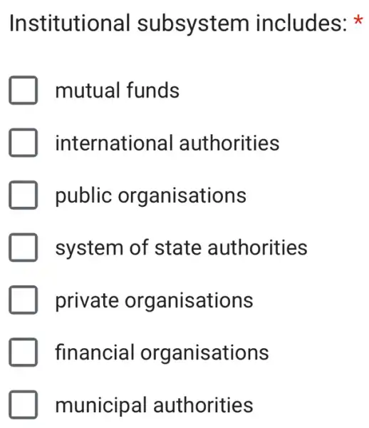 Institutional subsystem includes:
mutual funds
international authorities
public organisations
system of state authorities
private organisations
financial organisations
municipal authorities