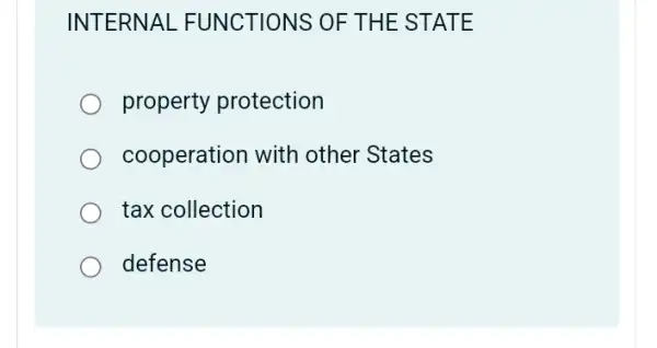 INTERNAL FUNCTIONS OF THE STATE
property protection
cooperation with other States
tax collection
defense