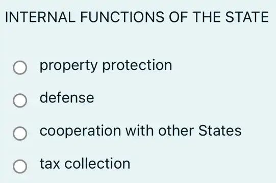 INTERNAL FUNCTIONS OF THE STATE
property protection
defense
cooperation with other States
tax collection