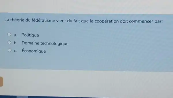 La théorie du fédéralisme vient du fait que la coopération doit commencer par:
a. Politique
b. Domaine technologique
c. Économique