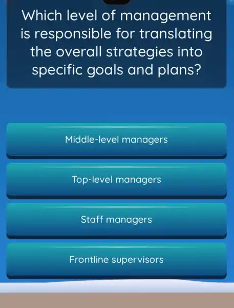 Which le vel of man agem ent
is responsible for translating
the ov erall strategies into
specific goals and plans?
Middle-level managers
Top-level managers
Staff managers
Frontline supervisors