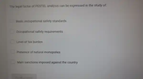 The legal factor of PESTEL analysis can be expressed in the study of:
Basic occupational safety standards
Occupational safety requirements
Level of tax burden
Presence of natural monopolies
E Main sanctions imposed against the country