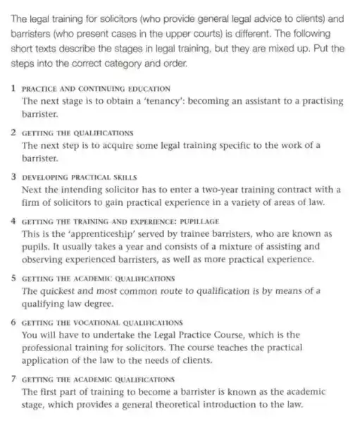 The legal training for solicitors (who provide general legal advice to clients)and
barristers (who present cases in the upper courts)is different. The following
short texts describe the stages in legal training , but they are mixed up. Put the
steps into the correct category and order.
1 PRACTICE AND CONTINUING EDUCATION
The next stage is to obtain a "tenancy'becoming an assistant to a practising
barrister.
2 GETTING THE QUALIFICATIONS
The next step is to acquire some legal training specific to the work of a
barrister.
3 DEVELOPING PRACTICAL SKILLS
Next the intending solicitor has to enter a two-year training contract with a
firm of solicitors to gain practical experience in a variety of areas of law.
4 GETTING THE TRAINING AND EXPERIENCE: PUPILLAGE
This is the 'apprenticeship served by trainee barristers , who are known as
pupils. It usually takes a year and consists of a mixture of assisting and
observing experienced barristers, as well as more practical experience.
5 GETTING THE ACADEMIC QUALIFICATIONS
The quickest and most common route to qualification is by means of a
qualifying law degree.
6 GETTING THE VOCATIONAL QUALIFICATIONS
You will have to undertake the Legal Practice Course, which is the
professional training for solicitors. The course teaches the practical
application of the law to the needs of clients.
7 GETTING THE ACADEMIC QUALIFICATIONS
The first part of training to become a barrister is known as the academic
stage, which provides a general theoretical introduction to the law: