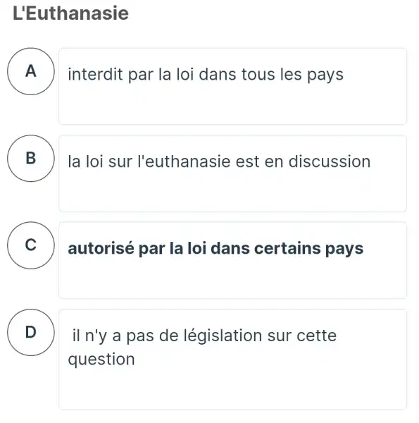 L'Euthana sie
A
interdit par la loi dans tous les pays
B
la loi sur l'euthanasie est en discussion
C C
autorisé par la loi dans certains pays
D
il n'y a pas de législation sur cette
question