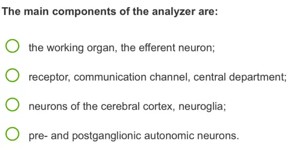 The main components of the analyzer are:
the working organ, the efferent neuron;
receptor,communication channel, central department;
neurons of the cerebral cortex , neuroglia;
pre- and postganglionic autonomic neurons.