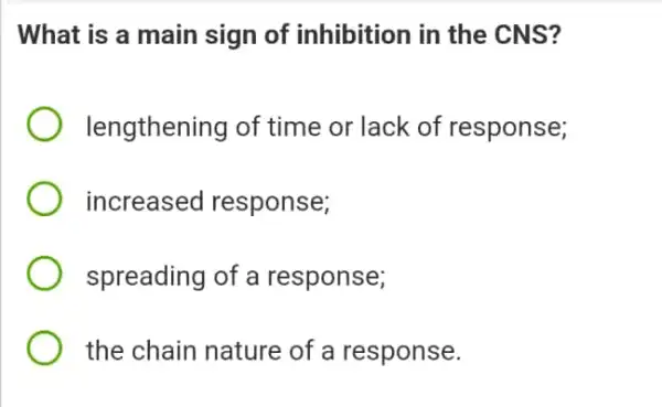 What is a main sign of inhibition in the CNS?
lengthening of time or lack of response;
increased response;
spreading of a response;
the chain nature of a response.