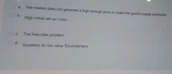 The market does not generate a high enough price to make the good's supply profitable
b. High initial set up Coats
c. The free rider problem
d
Societies do not value flood barriers