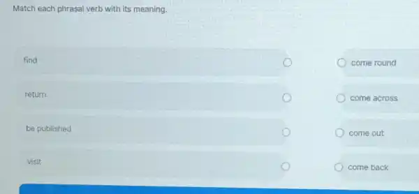 Match each phrasal verb with its meaning.
find
come round
come across
come out
come back
return
be published
visit