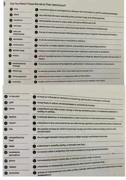 Can You Match These Words to Their Definitions?
to perform tests or Investigations to discover new Information or confirm existing knowledge
__
__
__
__
DNA that determines how an organism
__
__
blackboard
not cleans, capable of growth reproduction
__
__
alive
affect
hereditary
__
Identical
__
carry out
expertments
__
associated
consecutive
__
genetic code
evolve
environmental
changes
offsprings
__
living orpanism
units of heredity that cerry Information from parents to offspring, determining traths like eye colour or
__
something else, often
__
the young produced by living organisms, particularly reference to children or descendents
__
__
divolop producely, often into a more advanced or complex term
__
another in a sequence without Interruption
to give a portlon of something to others or to use something together with others.
__
to have an influence on someone or something causing them to change In some way.
__
__
soclety or polities.	way something works or organised, espedially in
__
(4) to change behaviourer characteristics in order to survive in a new environment or shutton
__
alterations in the natural world that can affect living organisms, such as dimate skifts or habits.lost
__
the gradual process by which living things change over time to become better whited to their
__
the struggle between living organisms to obtain anough nouristment to survive.
(A) In the wild
aplit
__
share
__
(B) dectine
Inherit
race
competition for
food
adapt
successive
generation
genes
__
__
a decrease in quantity.quality, or atrength over time
__
connected by blood or family tim
often found in a particular area.