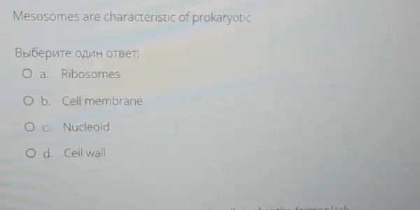 Mesosomes are characteristic of prokaryotic
Bblbepute onuH OTBeT:
a. Ribosomes
b. Cell membrane
c. Nucleoid
d. Cell wall